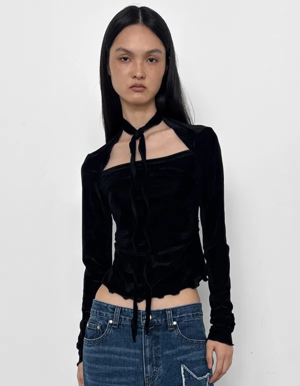 VELVET SCARF SHIRRING BLOUSE, BLACK