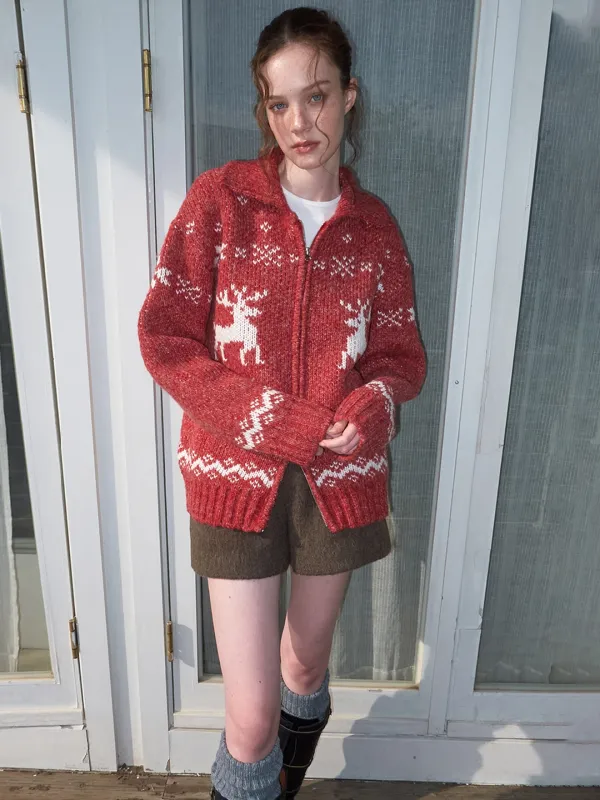 Deer Zip-Up Cardigan, Red