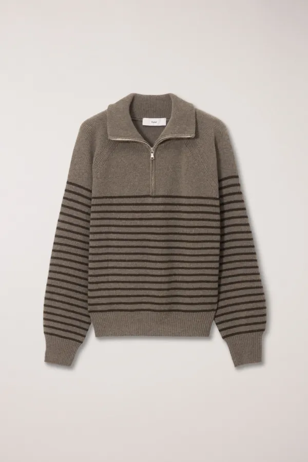 UNISEX STRIPED HALF ZIP-UP SWEATER KHAKI / KHAKI BROWN
