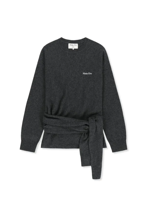 WRAP TIE KNIT PULLOVER IN CHARCOAL