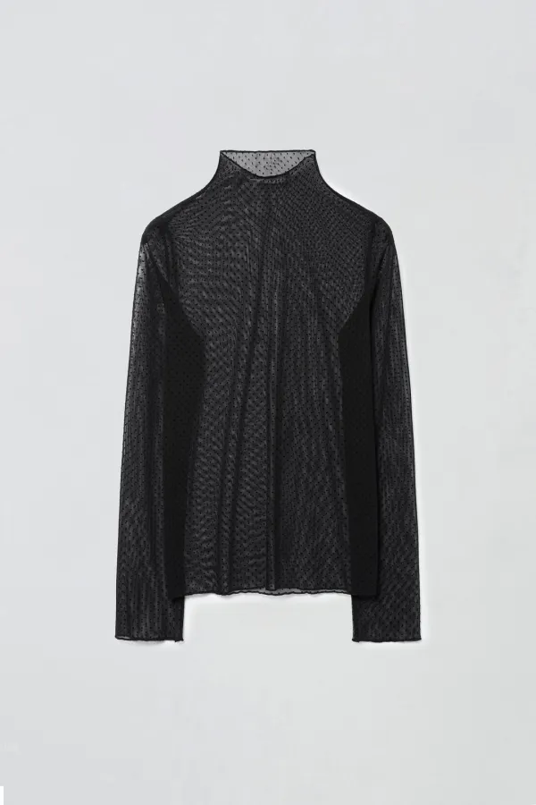 DOT MESH TURTLE NECK TOP_BLACK