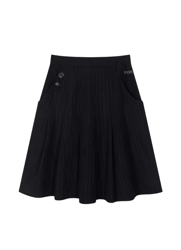 STRIPE FOND PLEATED MIDI SKIRT / BLACK