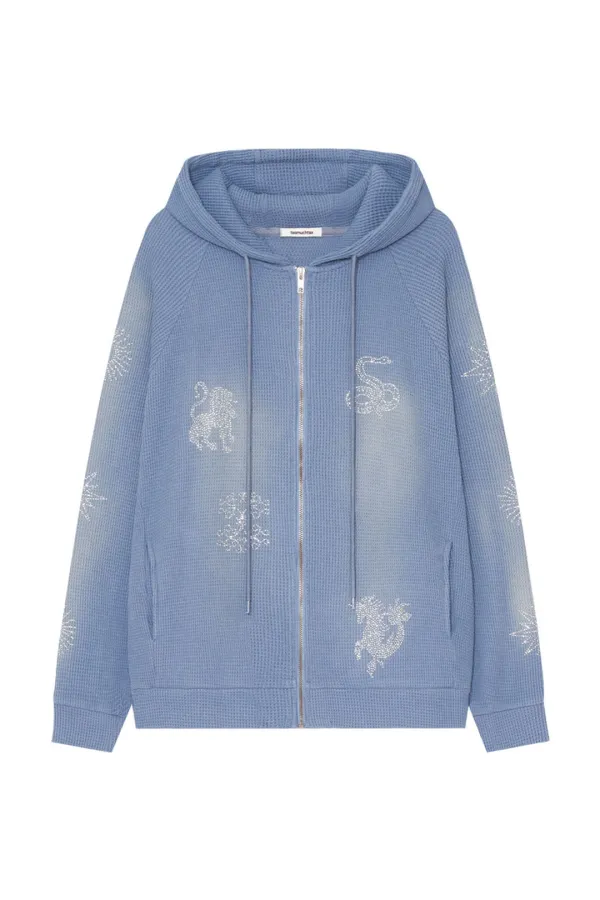 ZODIAC HOTFIX WAFFLE ZIP-UP HOODIE (WASHED BLUE)