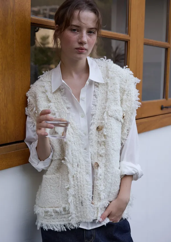 Frayed Boucle Vest Cream