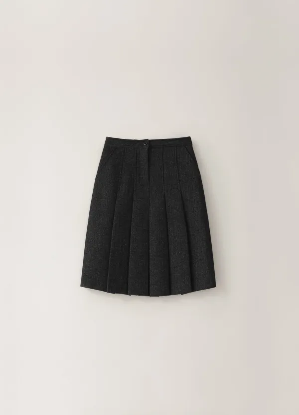 [Limited] Herringbone Pleated Midi Skirt - Charcoal