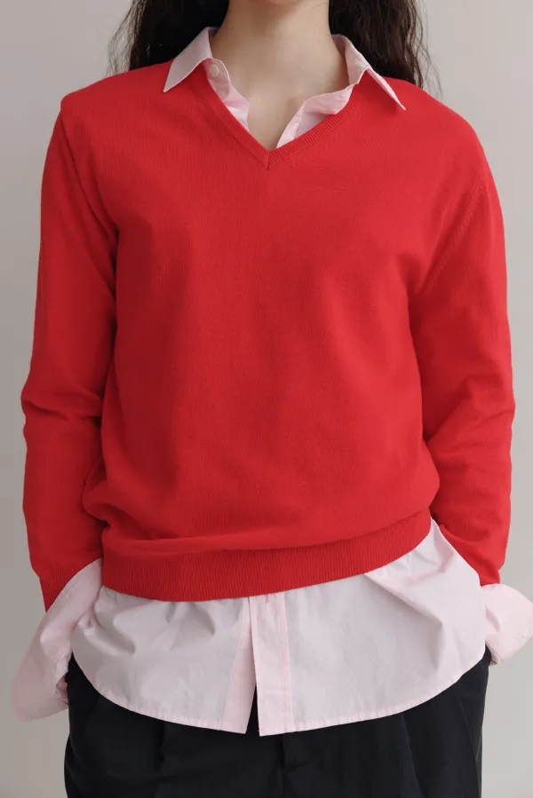Cotton v-neck knit (Red)