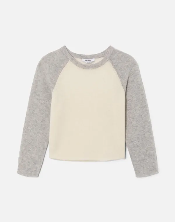 Featherweight Cashmere Baseball Raglan - Ivory/Light Heather Grey