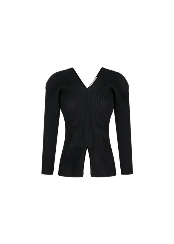 Pleats V-neck Knit Blouse, Black