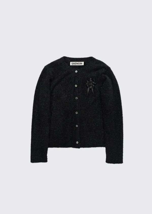 TINSEL KNIT BUTTON CARDIGAN - BLACK