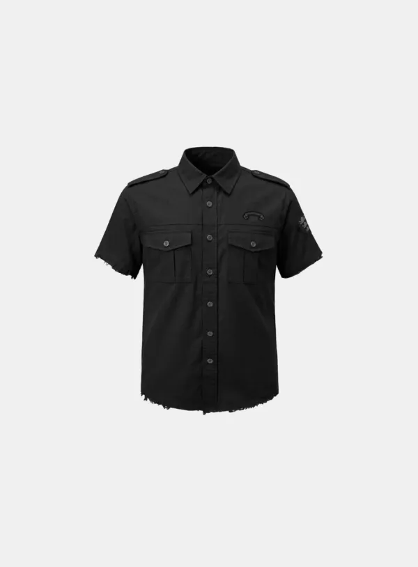 [w-sht26-015] Arc Epaulette Military Short Sleeve Shirt - Black