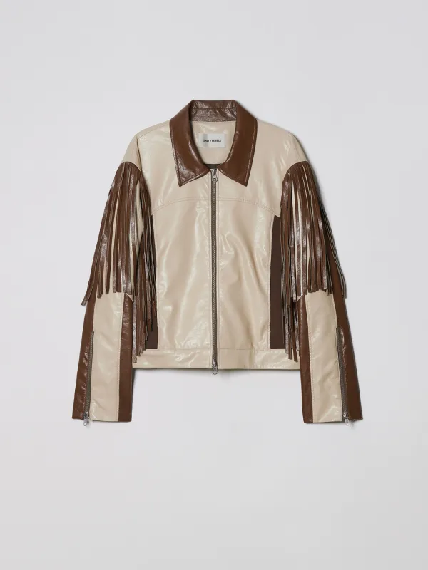 FRINGE LEATHER JACKET [BEIGE]
