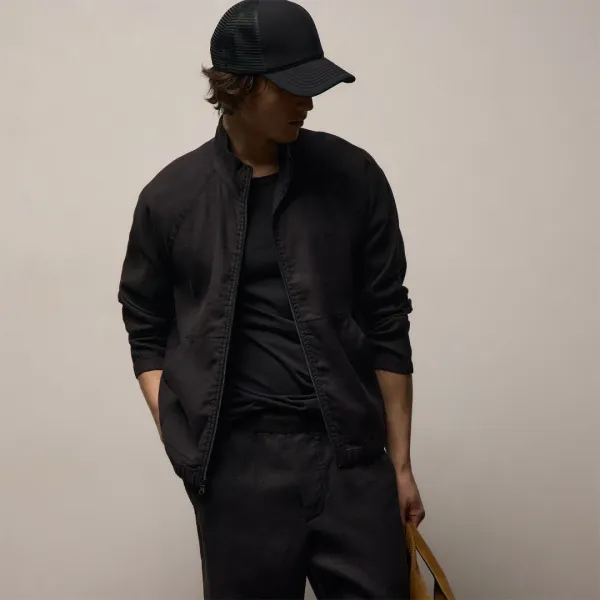 Stretch Linen Track Jacket - Black