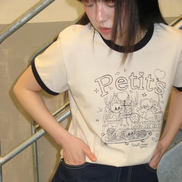 PETIT CAT RINGER T SHIRT CREAM NAVY