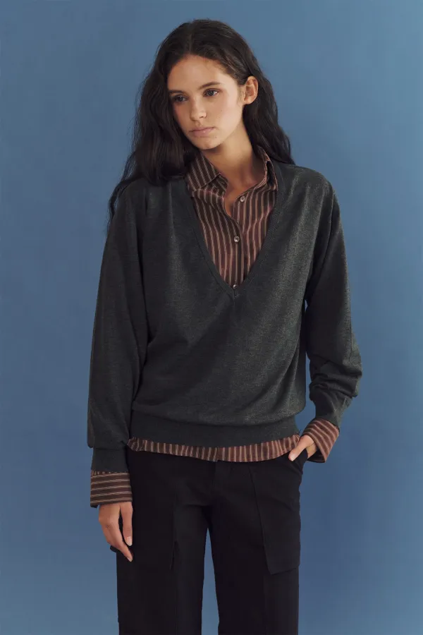 Cowl deep v-neck knit (charcoal)