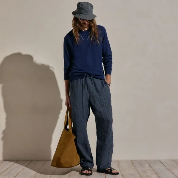 Washed Stripe Linen Relaxed Pant - Blue Stripe