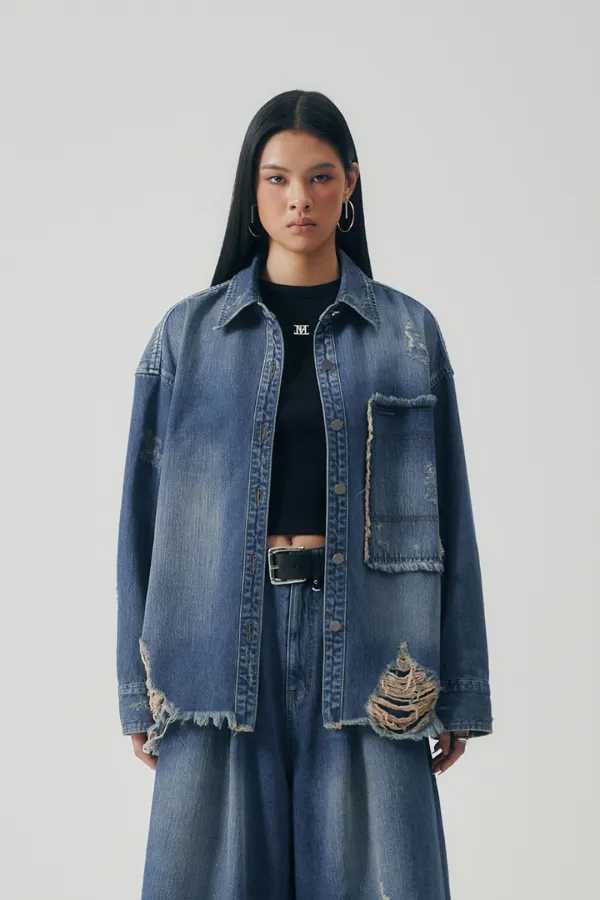 Distressed Square Denim Set-up Jacket [ Blue ]