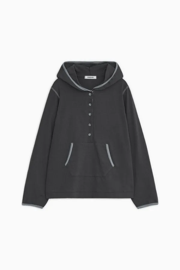FLORAL BUTTON HOODED LONG SLEEVE, CHARCOAL