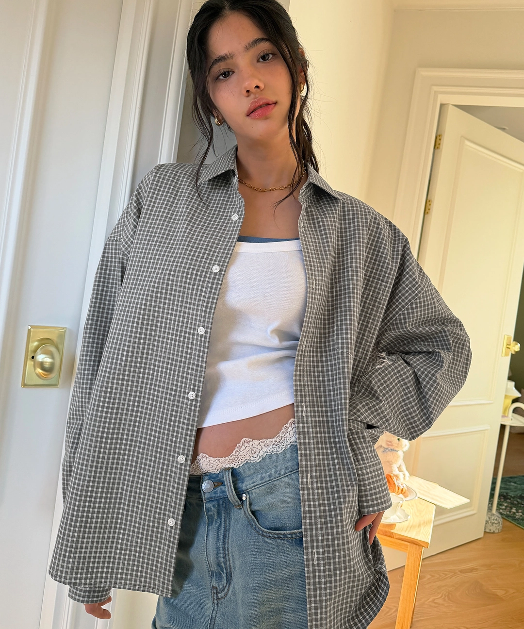 비터셀즈 Oversized Connie Check Shirt-Grey 상품 이미지 2