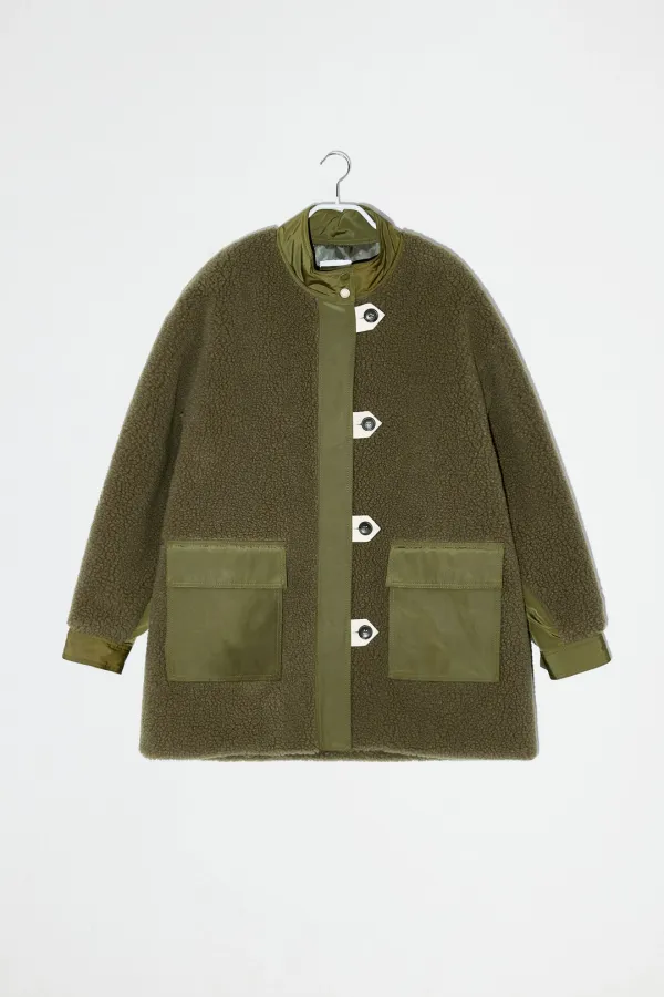 OVERSIZED POCKET FLEECE COAT - KHAKI
