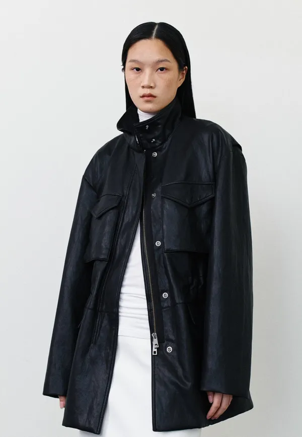 SAFARI HIGH NECK LEATHER JACKET - BLACK