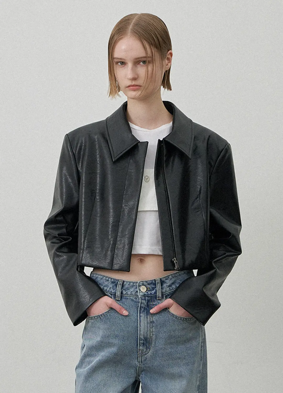 아뜰리에 나인 (JK-3012)LEATHER ZIPPER CROP JACKET 상품 이미지 3