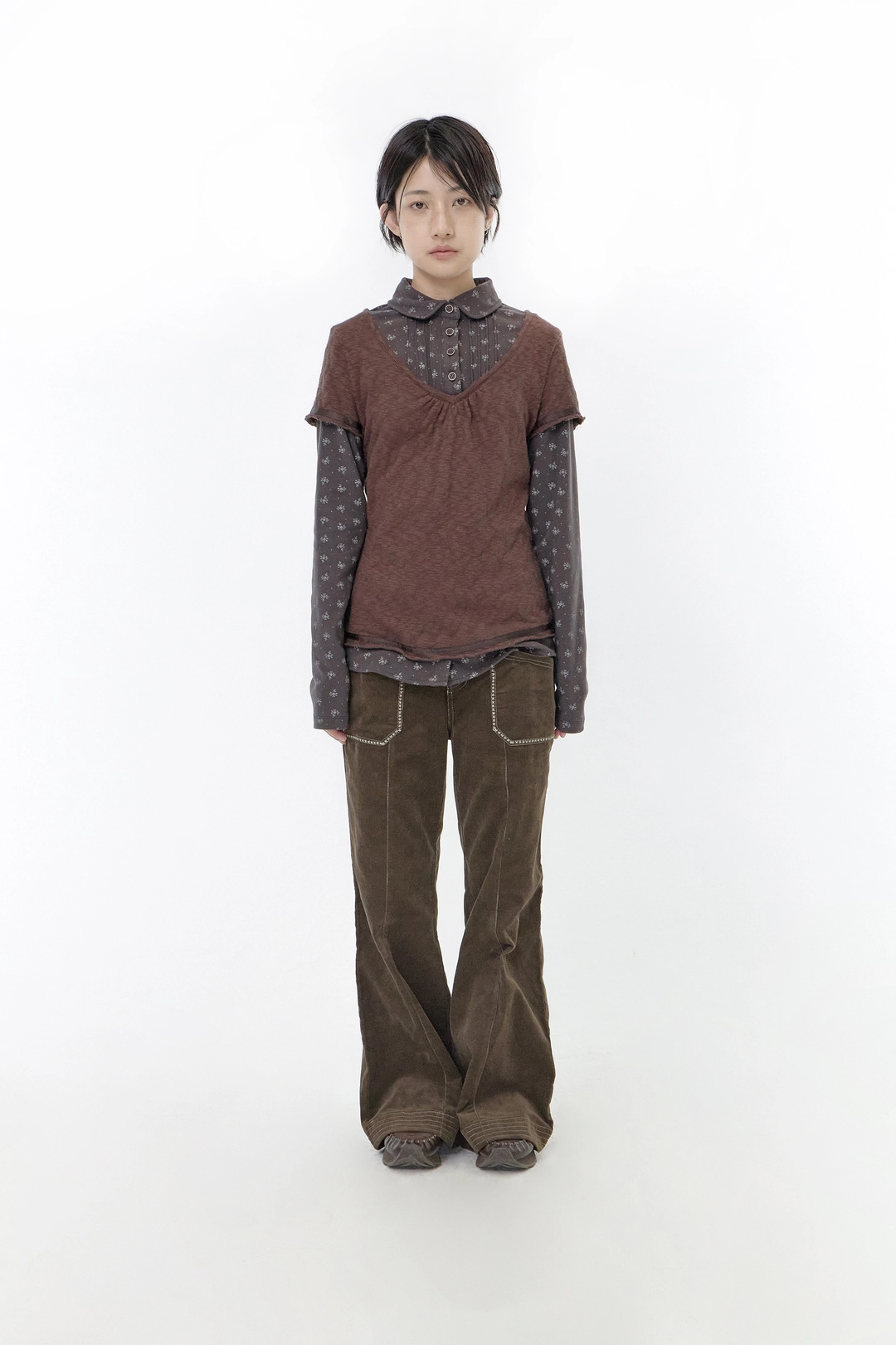 허그유어스킨 Flower shirts layered top (Brown) 상품 이미지 2