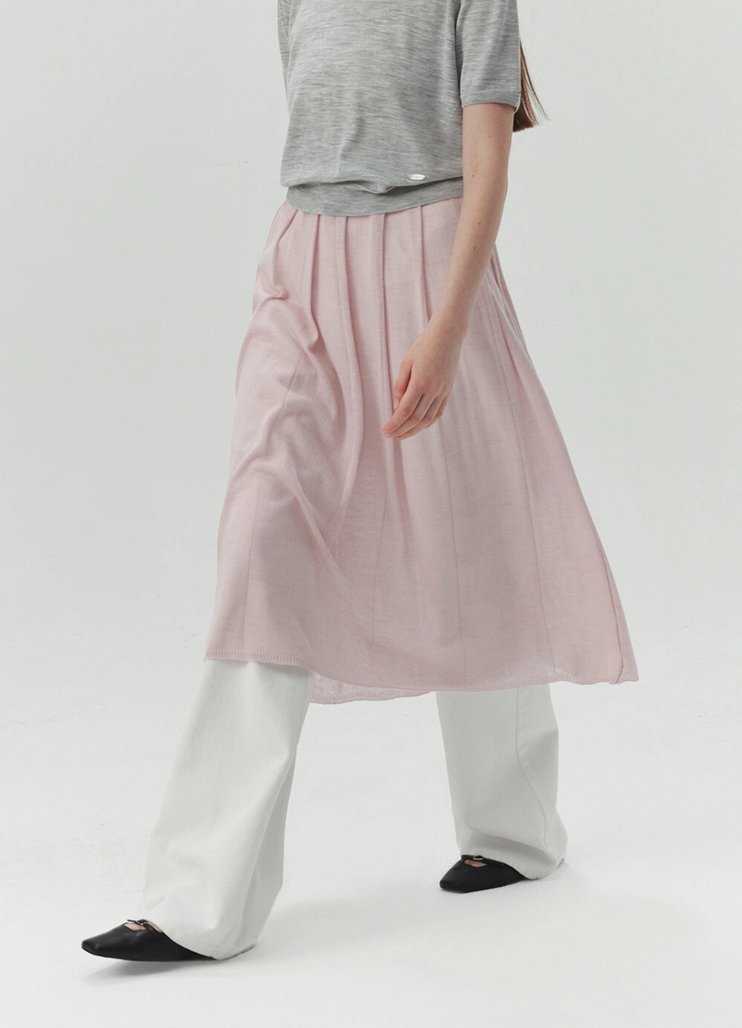 르바 Layered Knit Pleated Skirt - Fade Pink 상품 이미지 2
