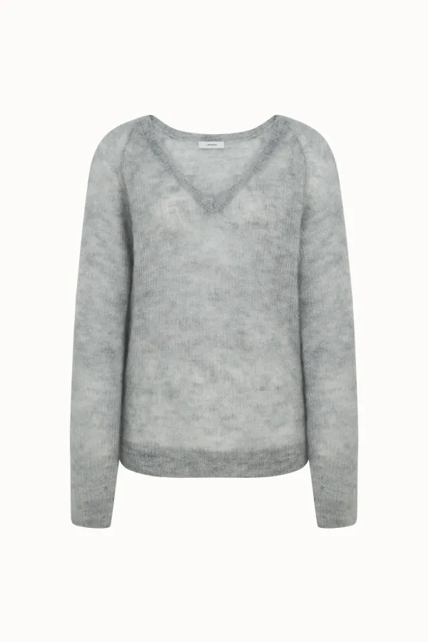 Kid Mohair V-Neck Knit Top[LMBEAUKN290]-Light gray