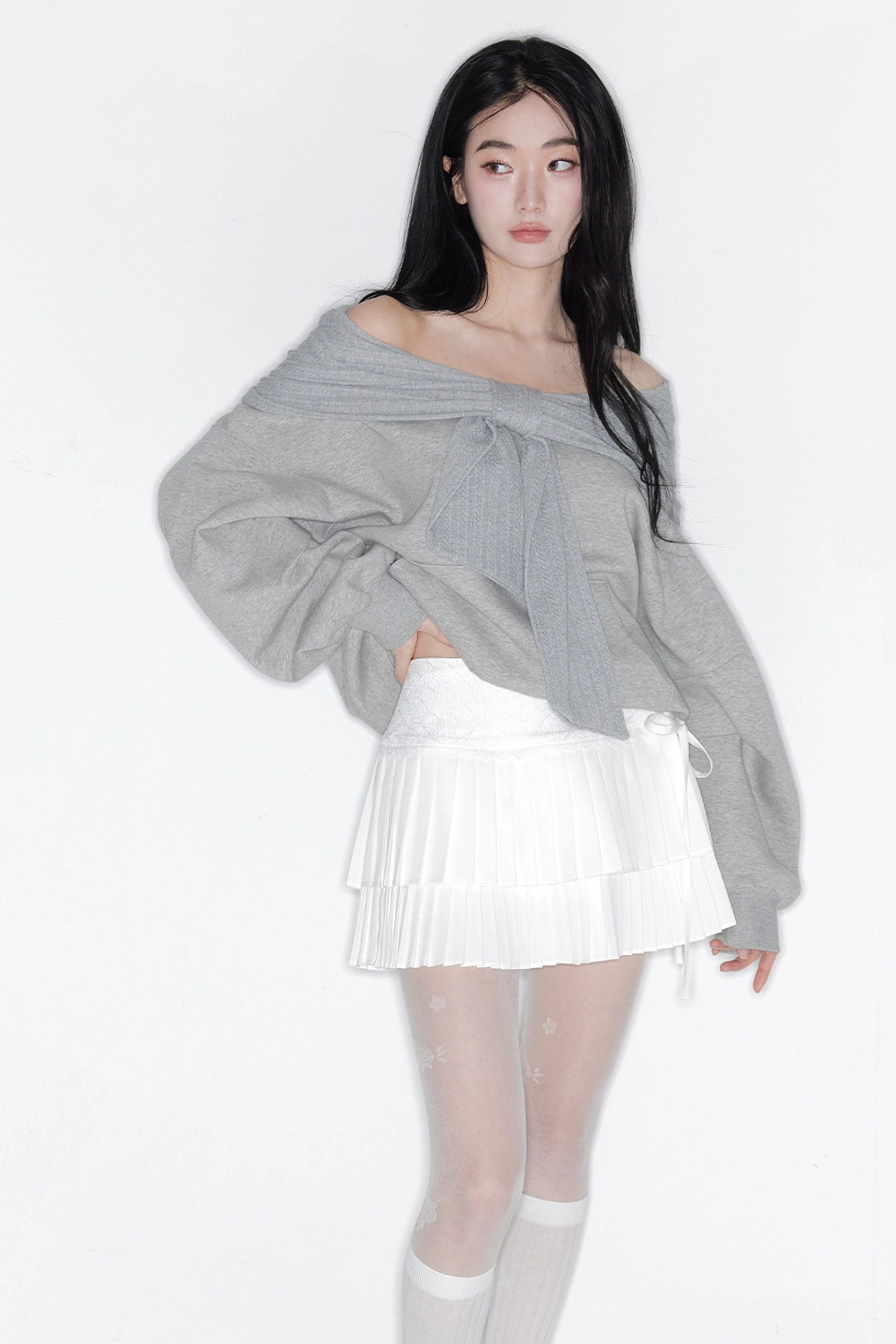 더티스 TWO-WAY RIBBON OFF SHOULDER HOODIE(SPRING VER.) (MELANGE GRAY) 상품 이미지 2