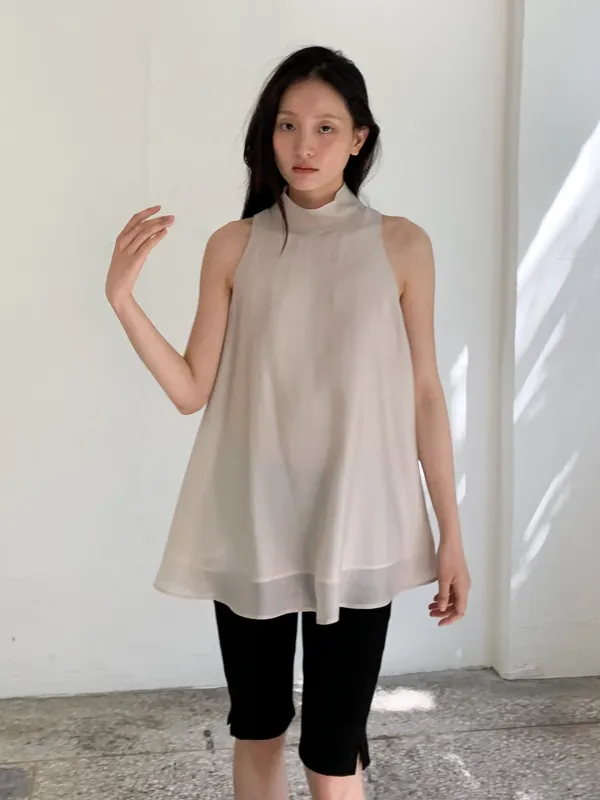 SHEER A LINE BLOUSE - BEIGE