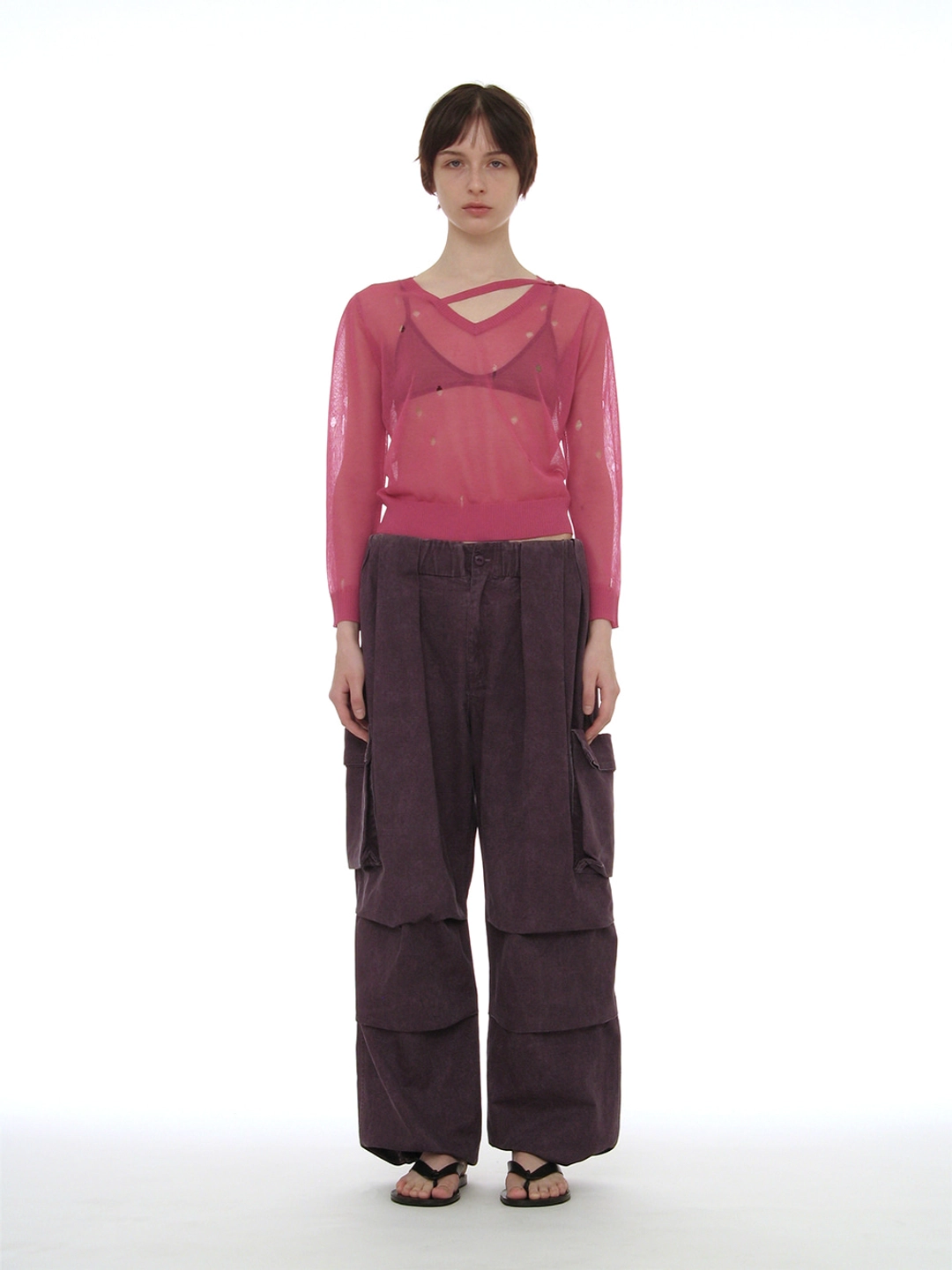파르티멘토 [WOMEN] SHEER DISTRESSED V-NECK KNIT TOP_FUCHSIA PINK 상품 이미지 2