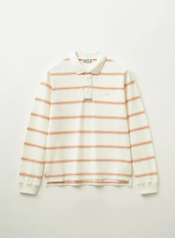 (W) Stripe Pique Polo Long Sleeve - Ivory