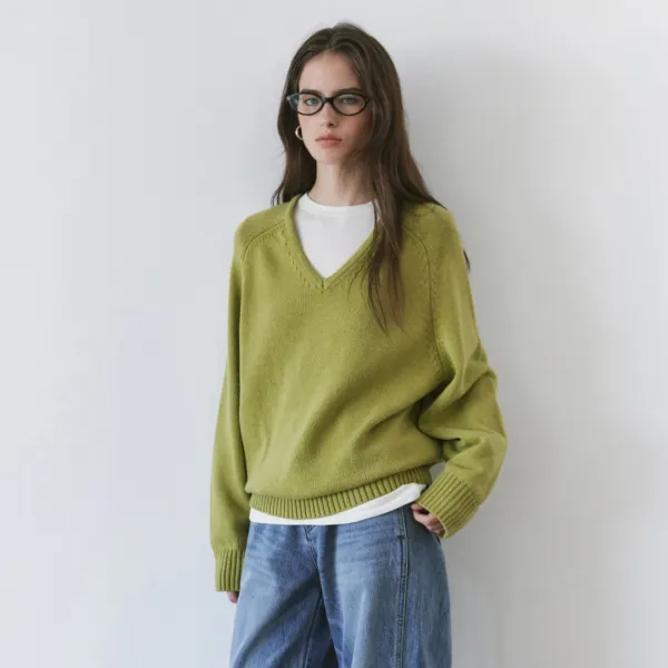 SIKN2156 울 블렌드 루즈 브이넥 니트_Olive