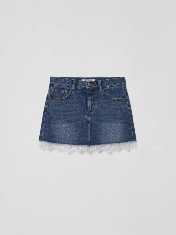 LACE LAYERED DENIM SKIRT [BLUE]