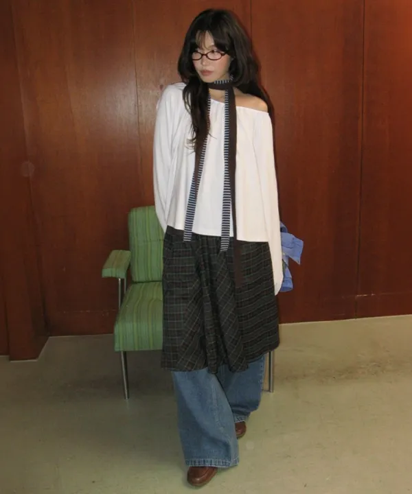CHECK FLARE BANDING MIDI SKIRT GREEN