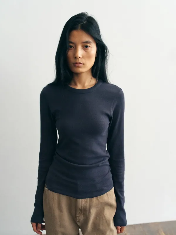 Cozy Sleeve Button Tee_Charcoal Navy