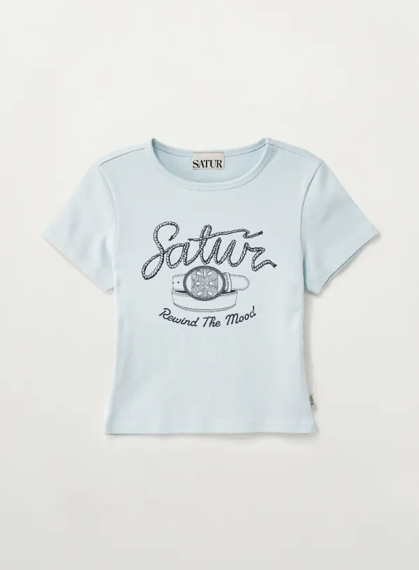 (W) Belt Graphic Slim Fit T-Shirt - Sky Blue