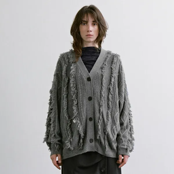 Fringe-Cut Cable Knit Cardigan [ Gray ]