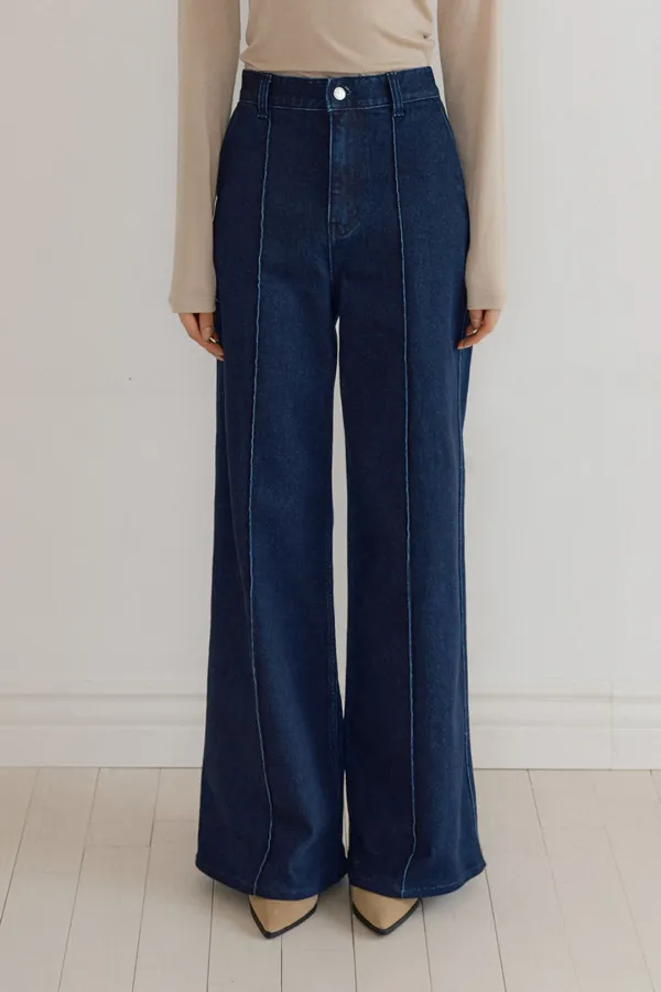 Pintuck Raw Denim Wide Pants (blue)