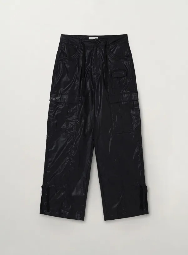 (W) Coated Cotton Cargo Pants - Black