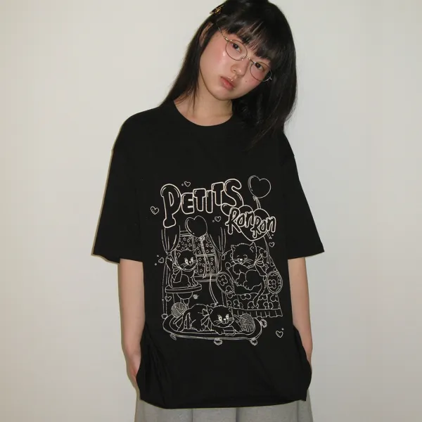 PETIT CAT CRACK OVER FIT T SHIRT BLACK