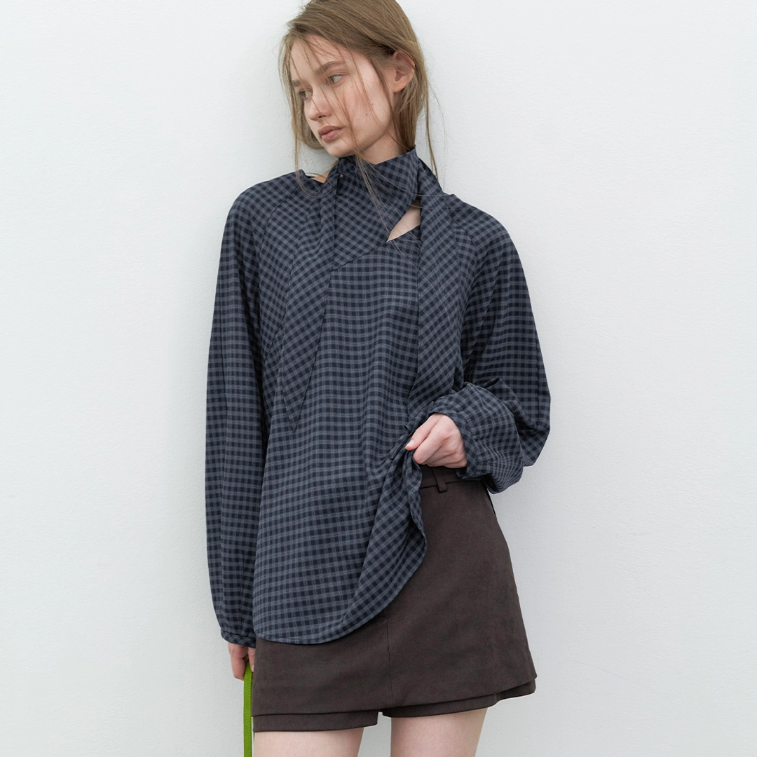 아뜰리에 나인 (BL-4438)VOLUME CHECK TIED BLOUSE 상품 이미지 1