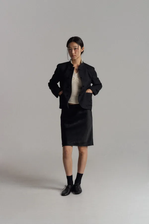Embroidered Satin Midi Skirt (Black)