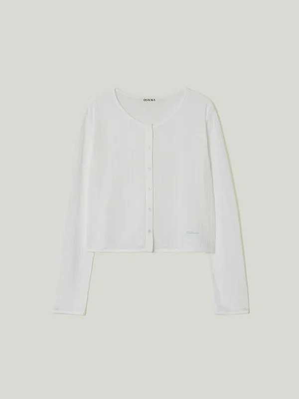 Round-Neck Ribbed Cardigan White