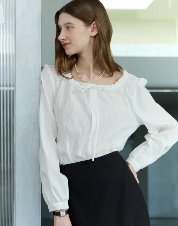 Ribbon Frill Shirring Blouse - White