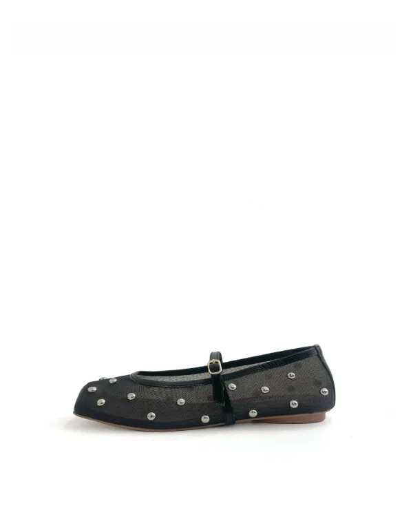 Mesh Stud Ballerina Flats - BLACK