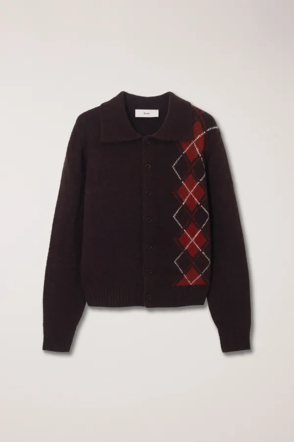 UNISEX OPEN COLLAR ARGYLE KNIT CARDIGAN DARK BROWN