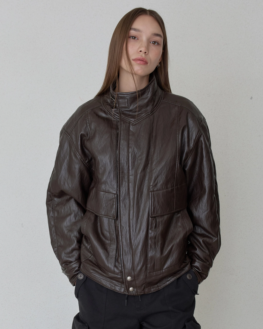 오데스 VINTAGE HIGH-NECK LEATHER JACKET - BROWN 상품 이미지 2