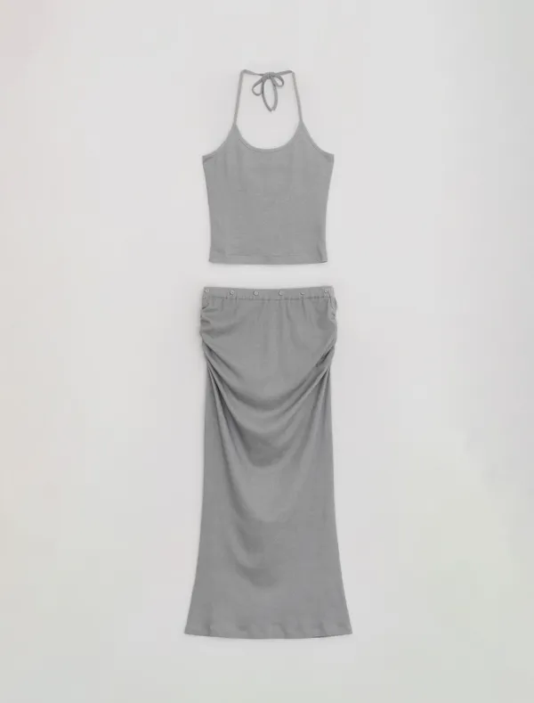 HALTER NECK BUTTON TWO PIECE [GREY]