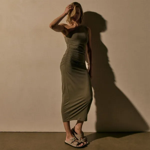 One Shoulder Ruched Dress - Birch